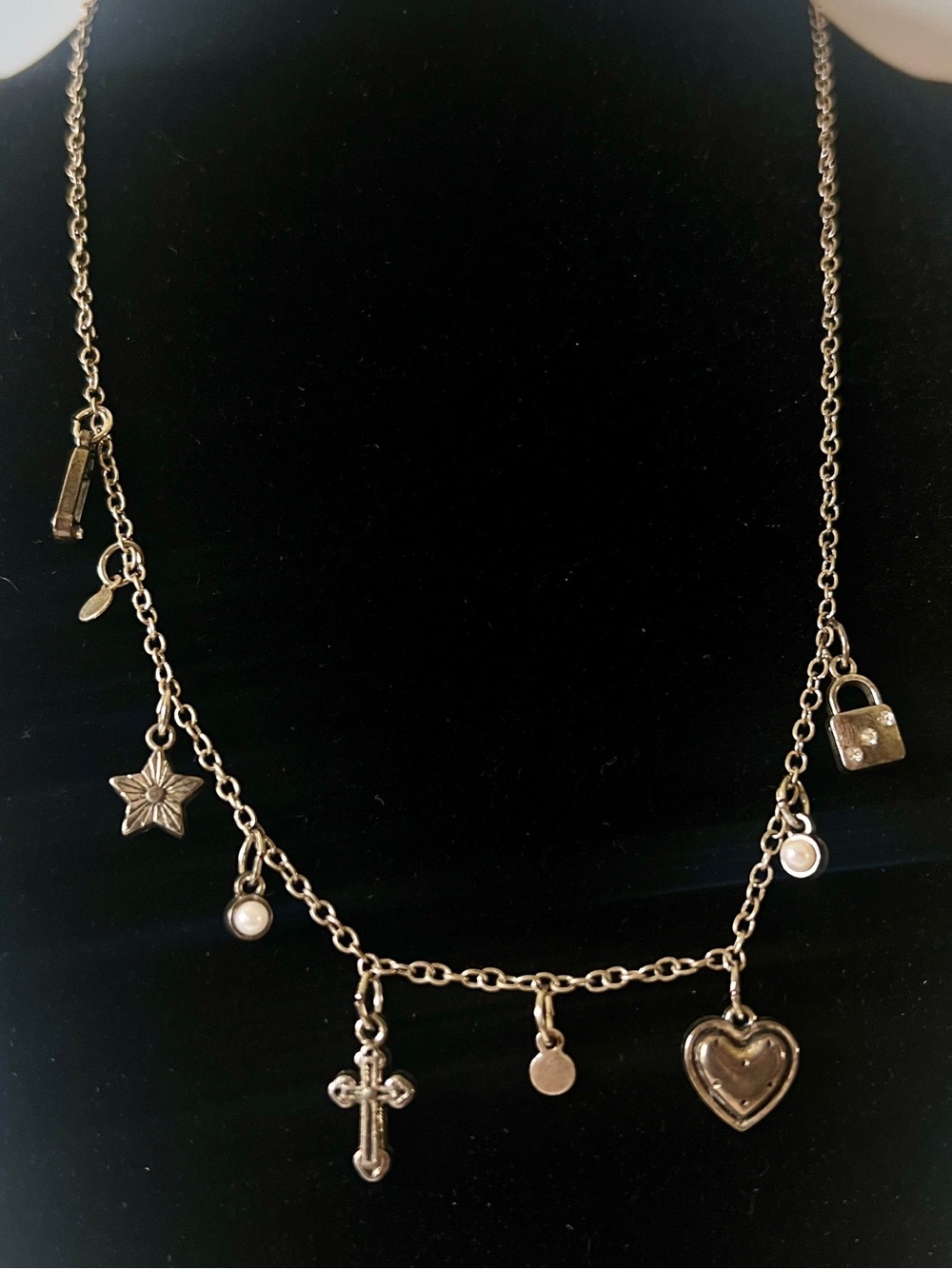 Dainty Charm Necklace with Heart, Cross, Lock & Star Silver Tone Delicate 16-18”